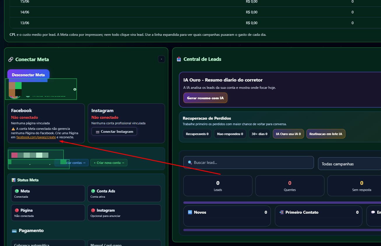 Passo 1 do guia de configuração da Meta